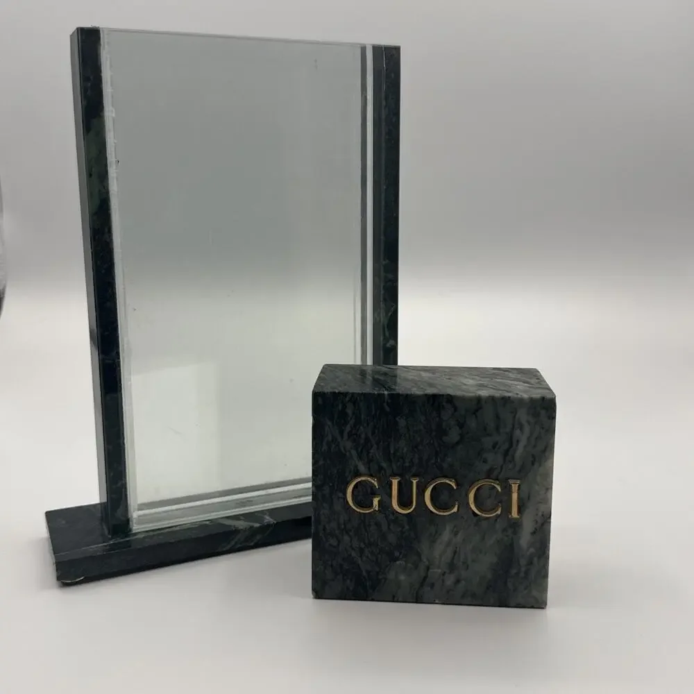 VTG Gucci Italy Green Marble Acrylic Vase Insert Sign Block Board Display Desk